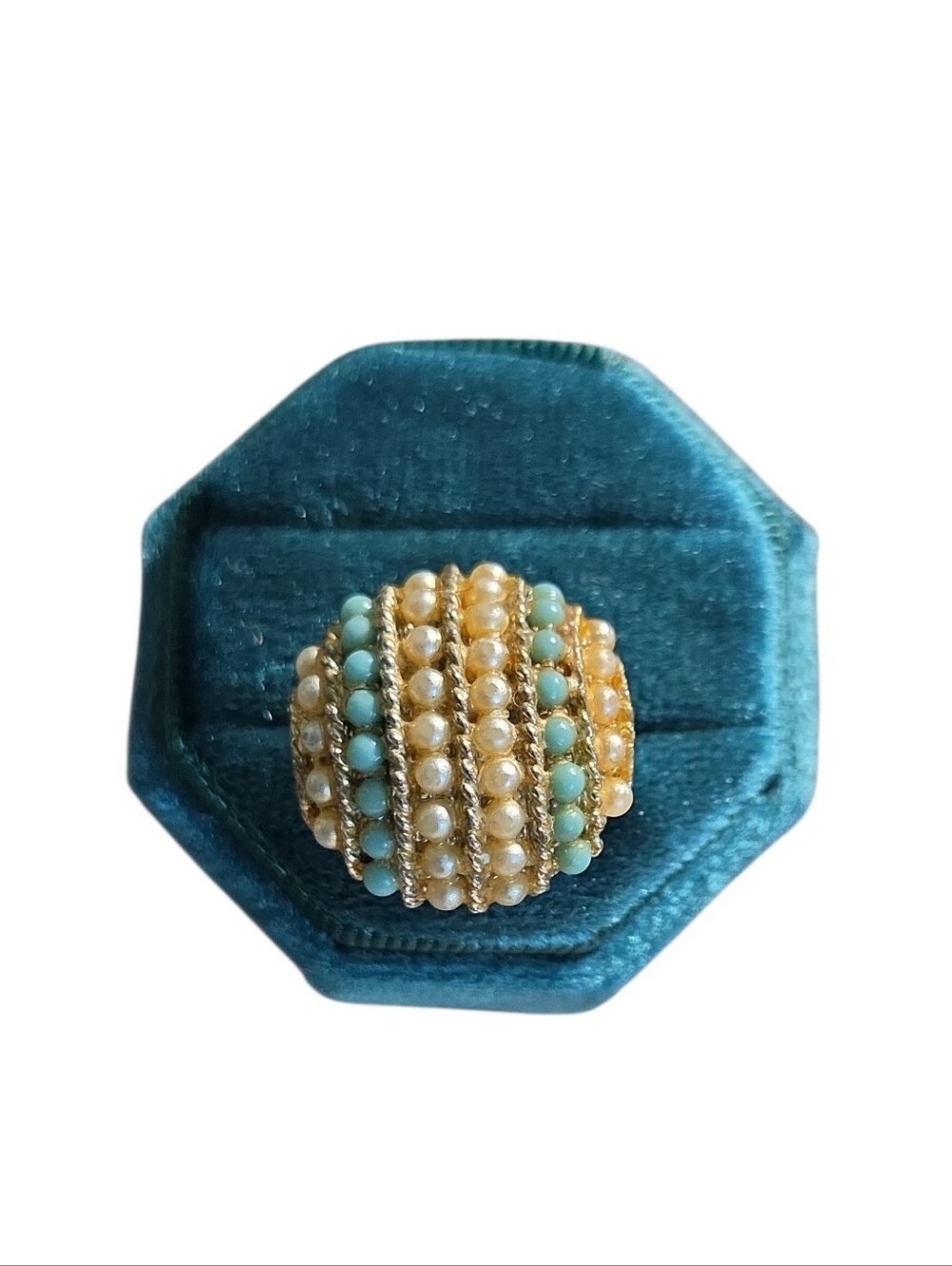 Size 5 Gold Toned Pearl and Turquoise Bead Dome Ring
